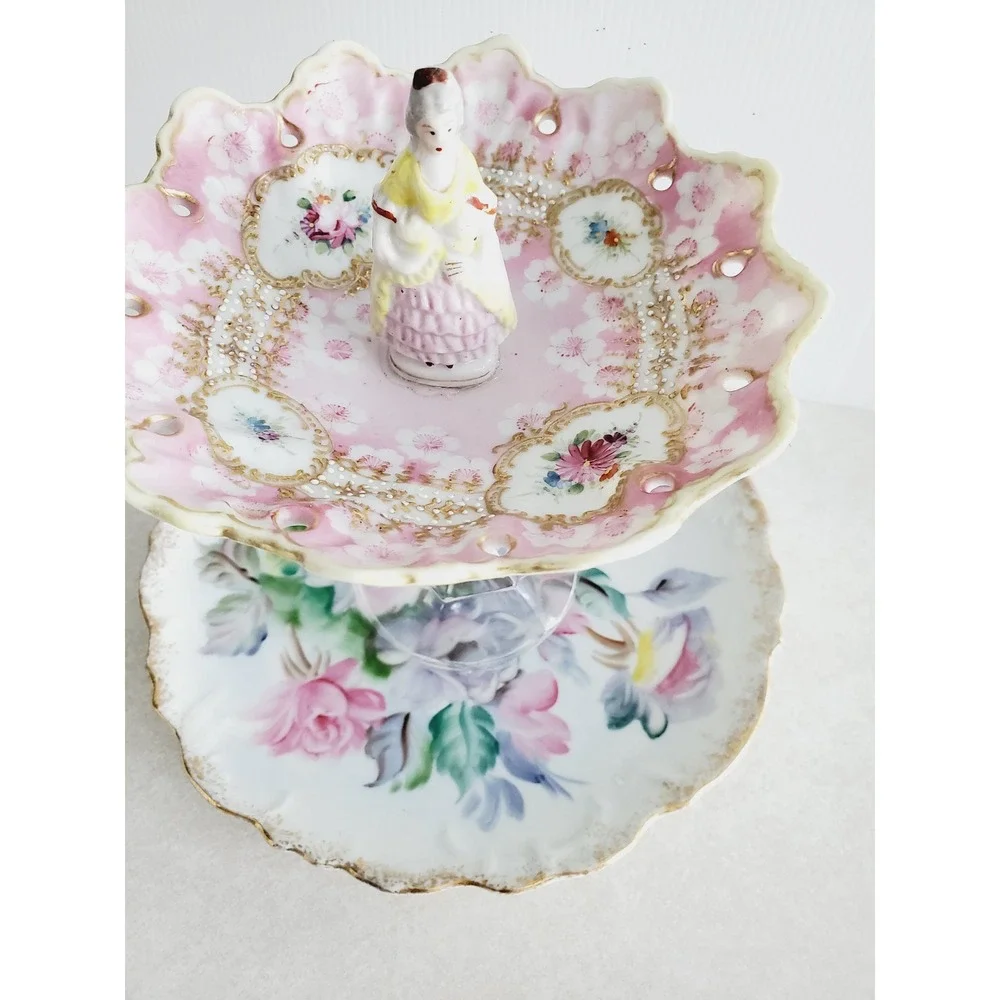 Trinket Dish Pink Floral Figurine Tiered Jewelry Stand Vintage Gold Gilt Shabby